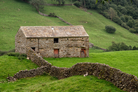 Swaledale Barns near muker in the Yorkshire Dales England. North Yorkshire stone barns and dry stone walls. 