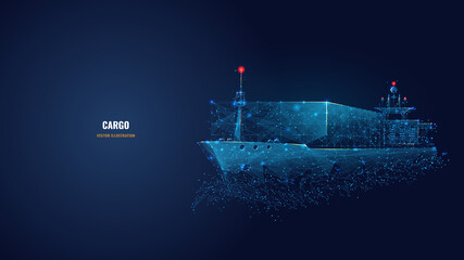 Abstract low poly 3d cargo ship isolated in dark blue background. Container ships, transportation, logistics or international shipping concept. Digital vector mesh illustration looks like starry sky - obrazy, fototapety, plakaty