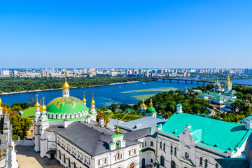 View on Refectory church of the Kiev Pechersk Lavra, river Dnieper and Kiev cityscape