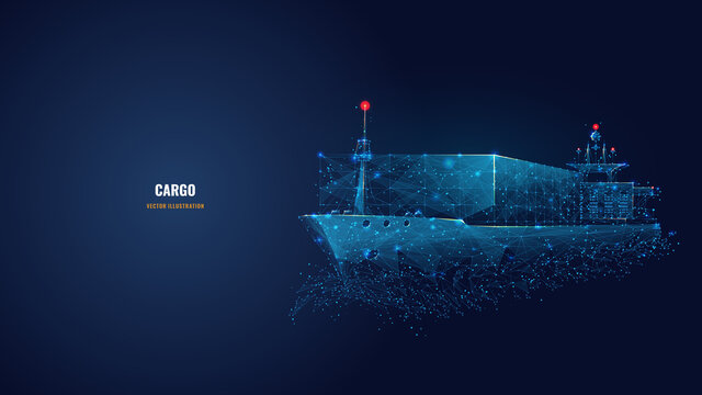 Abstract low poly 3d cargo ship isolated in dark blue background. Container ships, transportation, logistics or international shipping concept. Digital vector mesh illustration looks like starry sky
