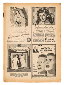 Newspaper page english text vintage advertising pictures british magazine
