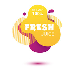 Fresh juice tag. Bright splash shiny stickers, organic emblems, tags and labels. For badges of fresh market, detox, farmers market, eco shop, smoothies drinks, juice cafe, green bar.