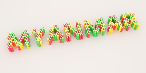 MYANMAR text made with many batteries. Electrical technologies related 3d rendering