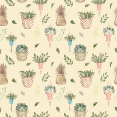 Seamless pattern of boho plants and indoor flowers in baskets and hanging pots Watercolor illustration modern home decor on yellow background