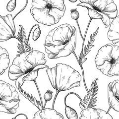 Behang Klaprozen Poppy bloemen naadloos patroon, schets botanisch herhalend patroon. Vector bloemdessin.