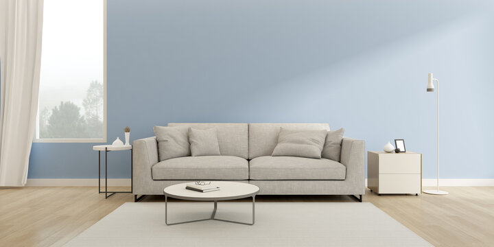 3d render of modern living room with sofa and wooden floor on blue wall and nature background.