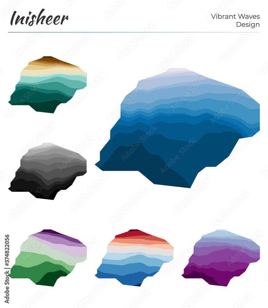 Poster set of vector maps of inisheer. vibrant waves design. bright map of island in geometric smooth curve