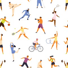 Man and woman performing various kinds of sports seamless pattern. People demonstrate physical activity vector flat illustration. Happy athletic sportsman and sportswoman training or exercising