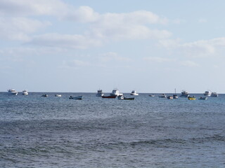 Many boats on Atlantic Ocean at Sal island in Cape Verde