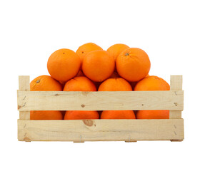 Ripe oranges in wooden crate isolated on white