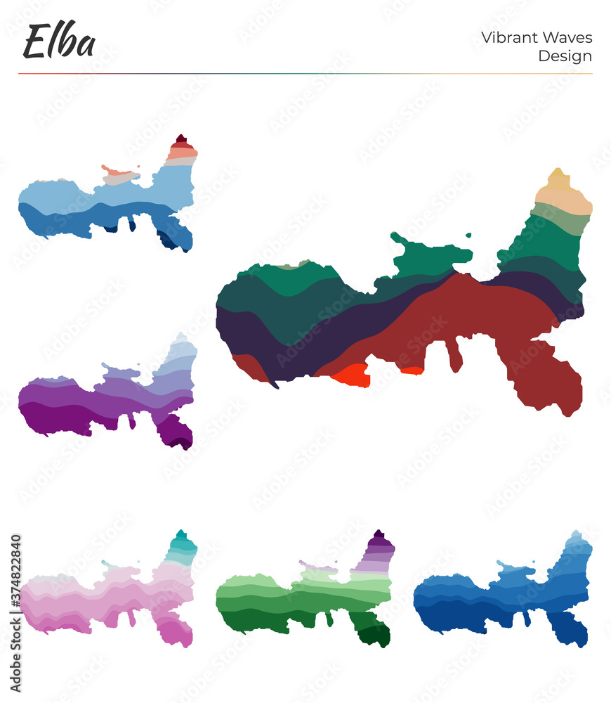Poster set of vector maps of elba. vibrant waves design. bright map of the island in geometric smooth curve