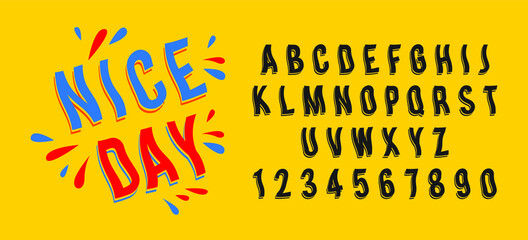 Alphabet font named "Nice Day". Typeface design for fun, recreation, beach party, kids. Creative uppercase font set.
