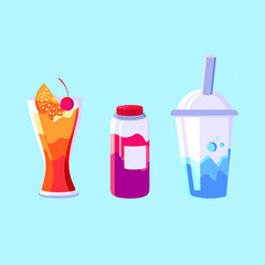 set of drinks colorful glass cup and bottle
