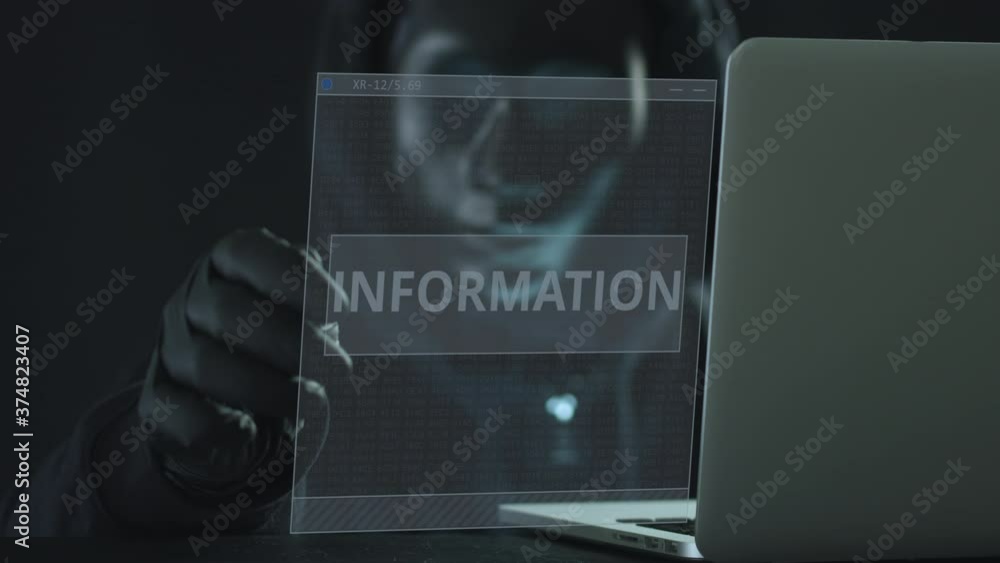 Aufkleber unknown hacker wearing black mask pulls information tab from a laptop. hacking concept