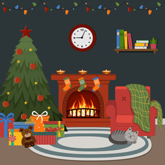 Christmas night interior, burning fireplace, Christmas tree and garland, color vector illustration, clipart, design, decoration, flat style, banner