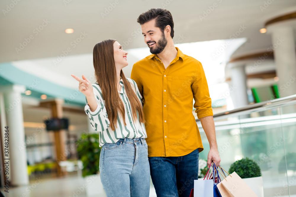 Sticker portrait of his he her she nice attractive cheerful cheery couple spending day carrying goods new cl