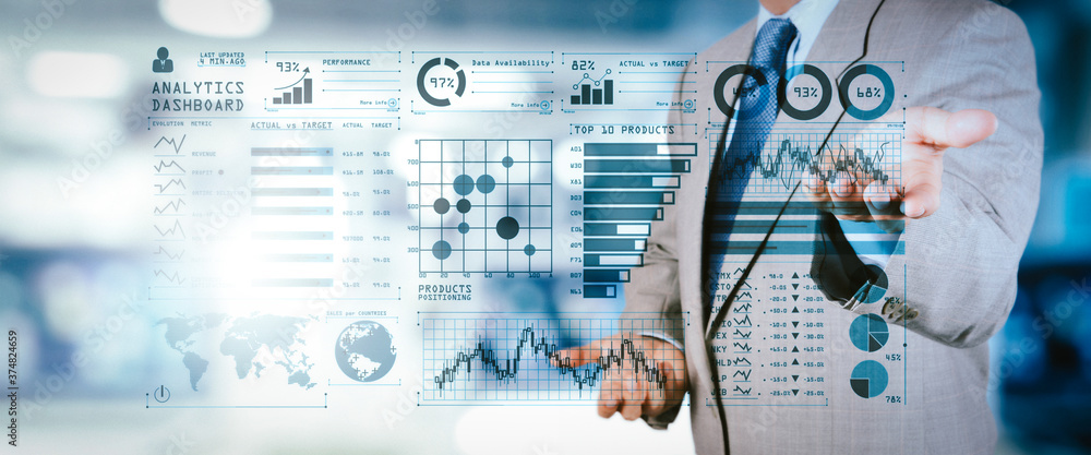 Poster intelligence (bi) and business analytics (ba) with key performance indicators (kpi) dashboard concep
