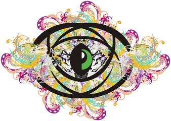 Grunge colorful eye symbol. Colored abstract floral symbol of the eye on a white background for your creative ideas, wallpaper, prints on t-shirts, textile, etc.
