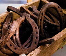 Pile of rusted old horse shoes abandoned in a wooden box.