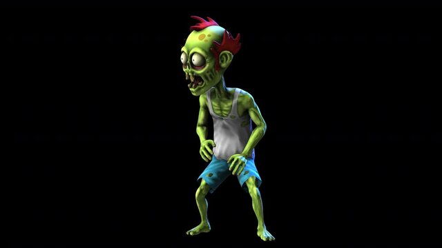 Seamless animation of a standing zombie idle  isolated with alpha channel. Funny cartoon character for Halloween background.