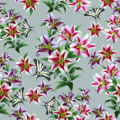 Seamless pattern with white lilies and butterflies on a gray background. Cute abstract pattern.