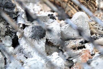 Grill with hot briquettes, close-up. Focus on the charcoal