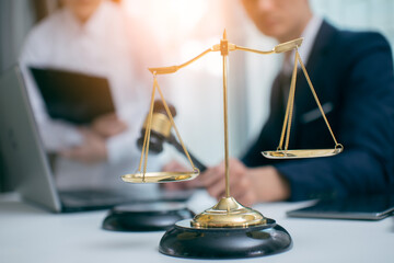 Male lawyer or judge wearing protective mask on the consult having team meeting with client, Law...