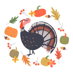 Happy thanksgiving. Vector illustration with a funny Turkey.