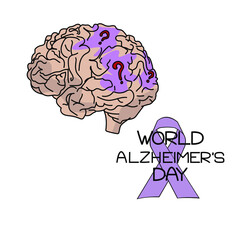 World alzheimer's day, themed illustration depicting the human brain with shaded areas and question marks, purple ribbon and inscription, vector 