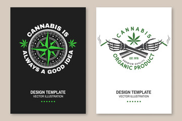 Medical cannabis poster, flyer, template with cannabis leaf, skeleton hand. Vector Typography logo design with cannabis leaf, wind rose silhouette For weed shop, cannabis, marijuana delivery service