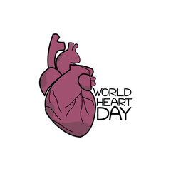 World Heart Day, Human heart image and themed lettering, human anatomy and health to create a postcard, poster or information booklet, vector illustration