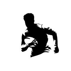 Rugby player running with ball, isolated vector silhouette, ink drawing