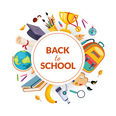 Naklejka premium Back to School Banner Template, School Supplies Frame of Round Shape Cartoon Vector Illustration.