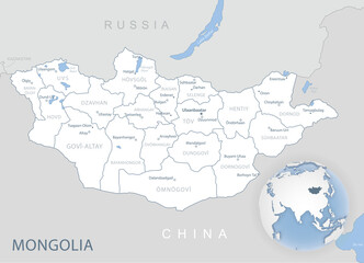 Blue-gray detailed map of Mongolia administrative divisions and location on the globe.