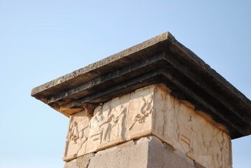 Harpy Pillar Tomb dated back to 500 BC mixed with Persian and Greek art. Xanthos-Letoon ancient Acropolis. UNESCO World Heritage Site. Antalya Turkey.