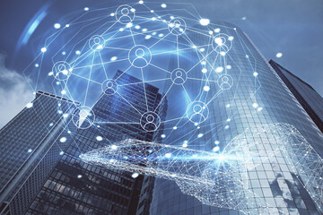 Double exposure of social network theme drawing and cityscape background. Concept of people...