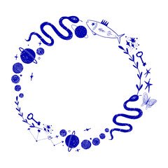 Mystical vector wreath with hand-drawn magical and occult illustrations. Graphic background in vintage style.