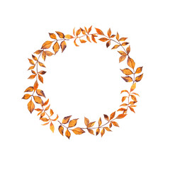 Autumn orange branches and leaves and berries frame. Hand drawn watercolor illustration.