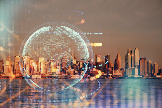 Map and data theme hologram on city view with skyscrapers background double exposure. International technology in business concept.