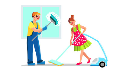 Cleaning Service Employees With Equipment Vector