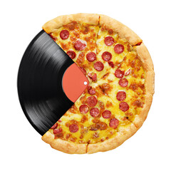 Pizza and LP vinyl record isolated on white background.