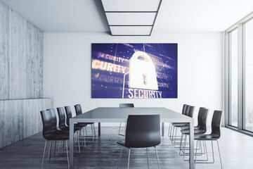 Creative idea concept with lock symbol and microcircuit illustration on presentation screen in a modern conference room. Protection and firewall concept. 3D Rendering