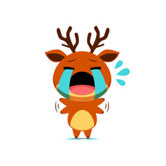 Cute reindeer character crying and feeling sad isolated on white background. Reindeer character emoticon illustration