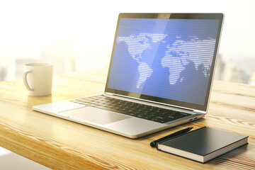 Fototapeta premium Modern computer screen with abstract creative digital world map, research and analytics concept. 3D Rendering