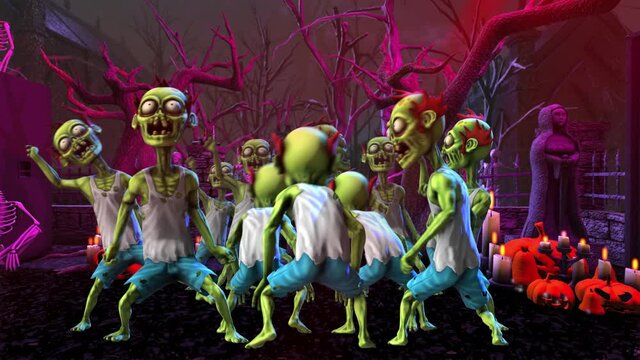 Seamless animation of a group of zombies thriller dancing in a party at a graveyard with skeletons and pumpkins. Funny cartoon character for Halloween background.