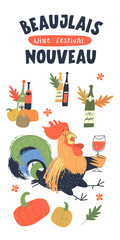Beaujolais Nouveau, French wine festival. A cheerful bright colorful rooster with a glass of red wine. Vector illustration.