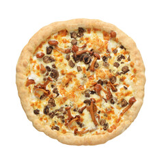 Whole pizza with honey mushrooms isolated on white.