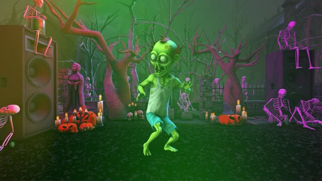 Seamless animation of a zombie silly dancing in a party at a graveyard with skeletons and pumpkins. Funny cartoon character for Halloween background.