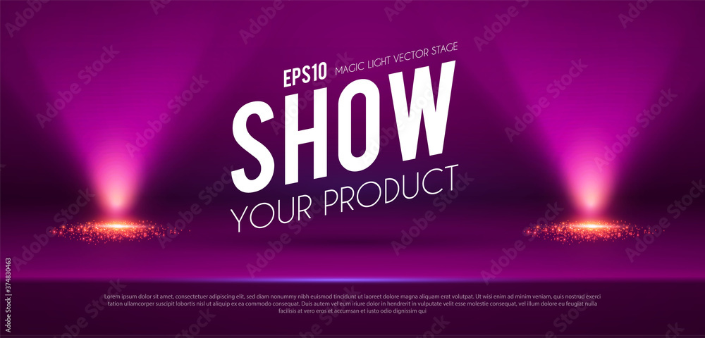 Sticker show podium with spotlights. presentation light effect. illuminated winner place.