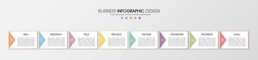 Colourful infographic with 8 steps and business icons. Diagram. Vector